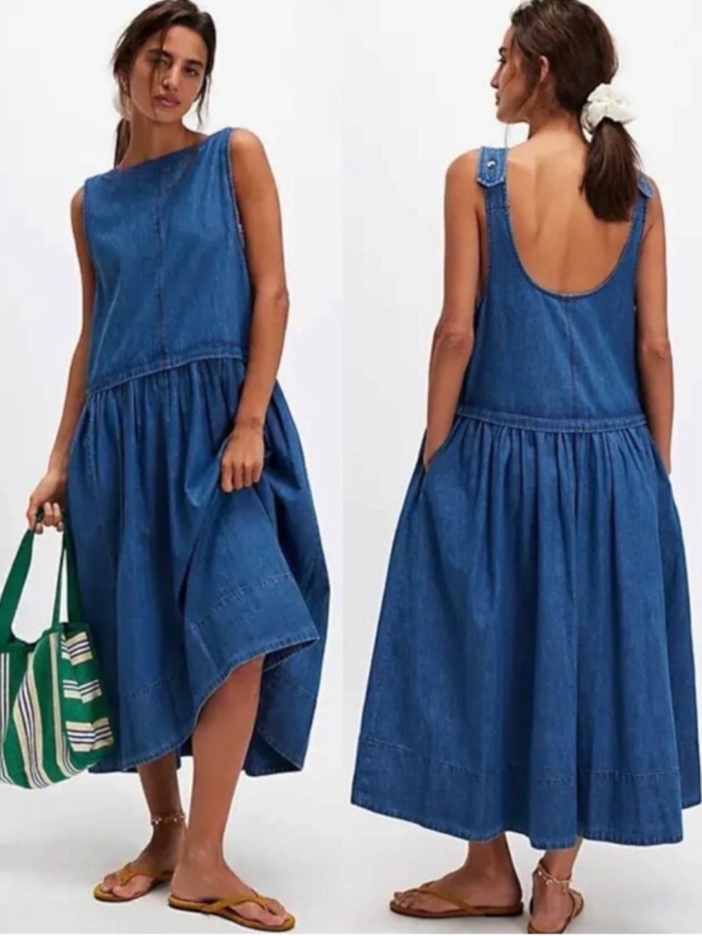 Free People Soraya Light Denim Sky Drop Waist Midi Jumper Dress